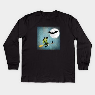 Green Haired Witch Flying on Broom With Cat Kids Long Sleeve T-Shirt